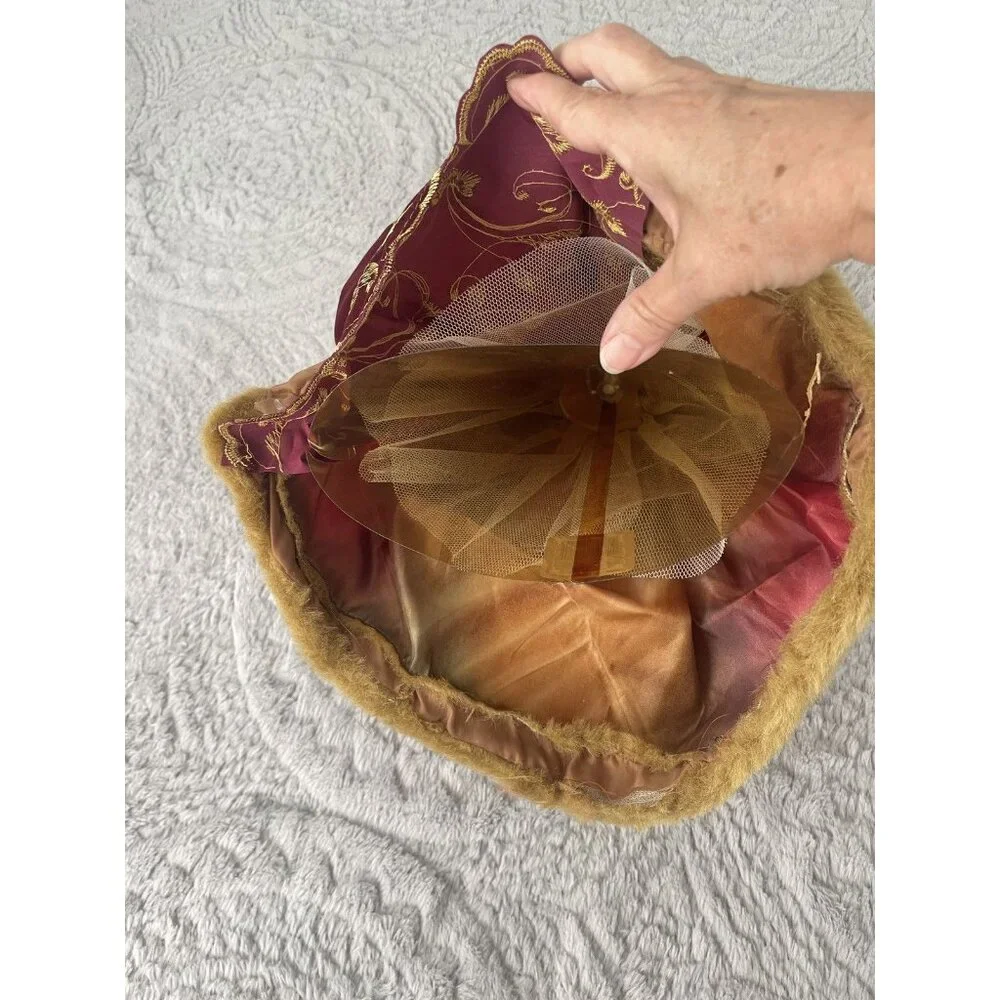 Vtg Christmas Angel Tree Topper Burgundy Gold Faux Fur Coat 16